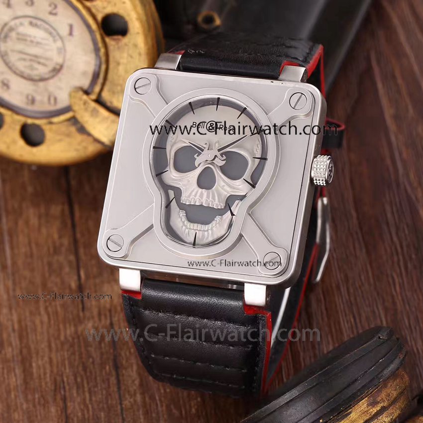 New 2017 Bell Ross Airborne Watch 46mm Black Leather Skull Dial
